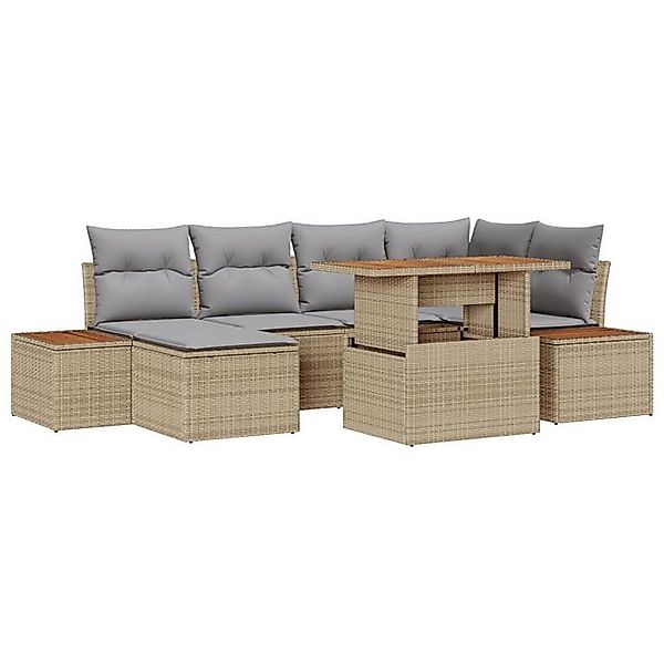 vidaXL Loungesofa 7-teilige Garten-Essgruppe mit Kissen Beige Poly-Rattan, günstig online kaufen