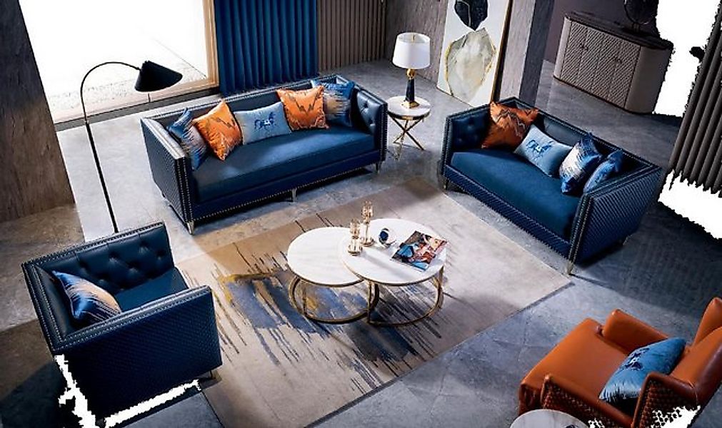 Xlmoebel Sofa Modernes blau gefärbtes Ledersofa 3-2-1 Sitzer Garnitur - Des günstig online kaufen