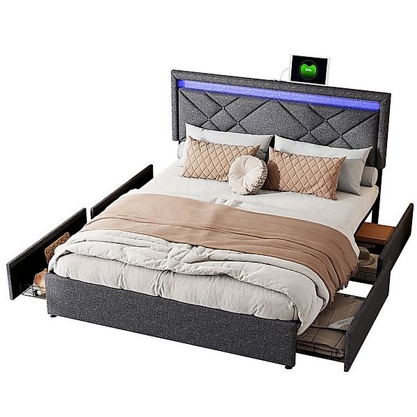 FUROKOY Polsterbett LED-Beleuchtung Doppelbett Stauraumbett, 160x200cm günstig online kaufen