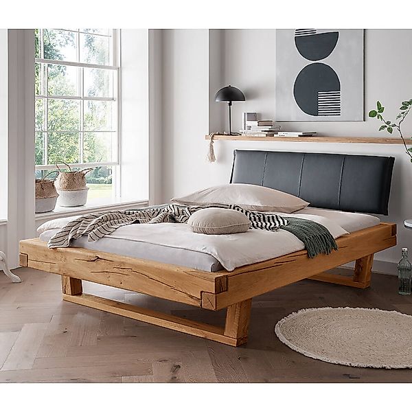 Massivholz Doppelbett, 160x200 cm, Eiche massiv, schwarzes Echtleder-Kopfte günstig online kaufen