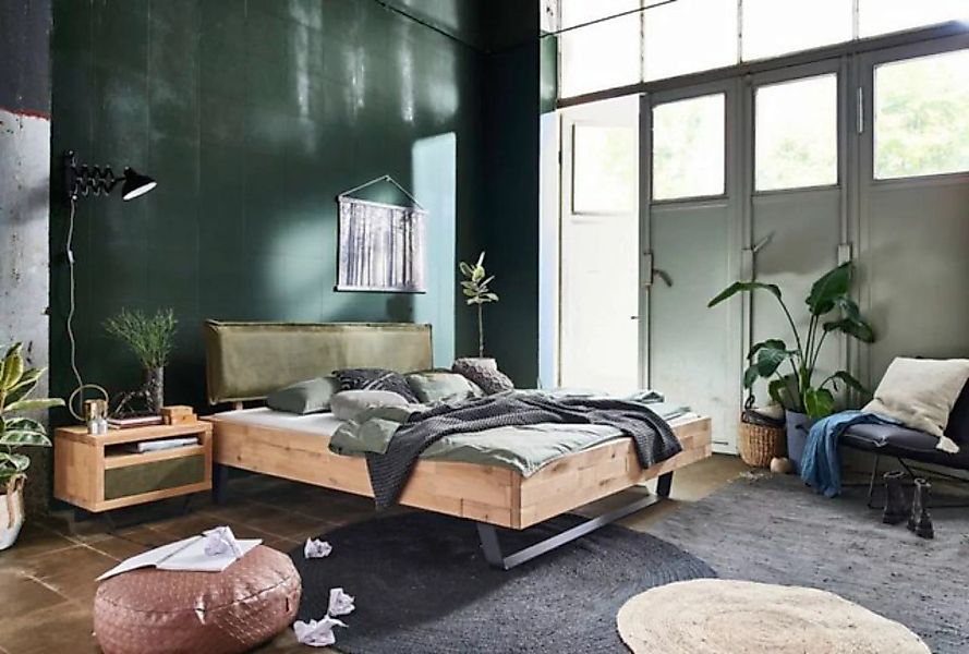 Natur24 Einzelbett Bett Varde 160x200 Wildeiche Bianco Polsterkopfteil Grün günstig online kaufen