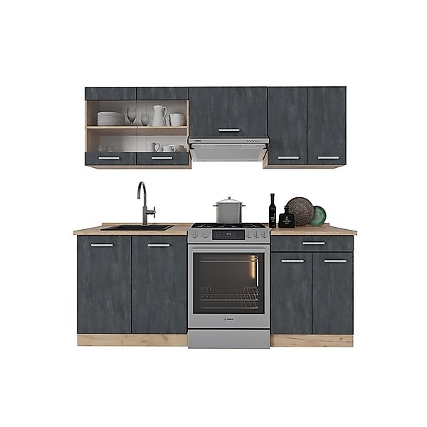 Vicco R-Line Komplettküche Schwarz Beton/Goldkraft Eiche 200 cm ohne Arbeit günstig online kaufen