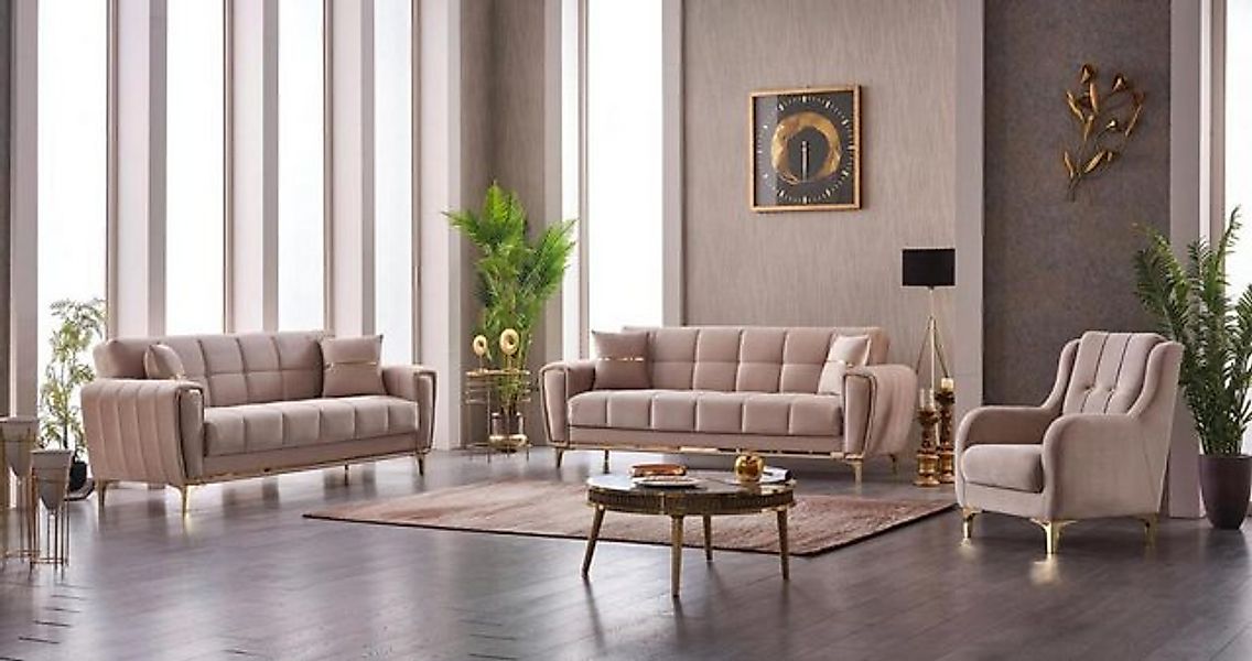 JVmoebel Sofa Komplette Couchgarnitur Dreisitzer Sessel Beige 3tlg Stoffsof günstig online kaufen