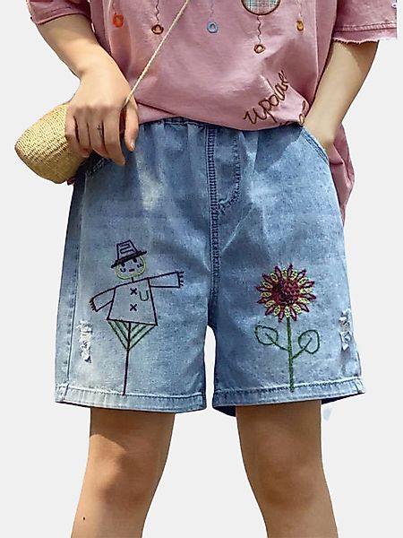 Cartoon Blumenstickerei Elastic Waist Denim Shorts günstig online kaufen