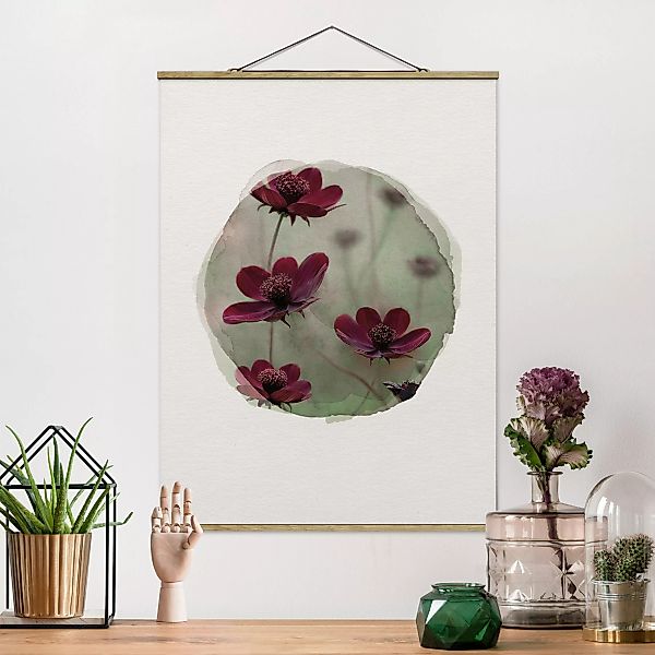 Stoffbild Blumen mit Posterleisten - Hochformat Wasserfarben - Pinke Kosmee günstig online kaufen