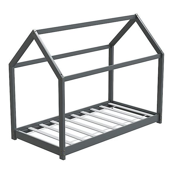 HAGO Kinderbett 80x160cm Grau Kinderhaus Bett Kiefernholz Hausoptik Dach Bo günstig online kaufen