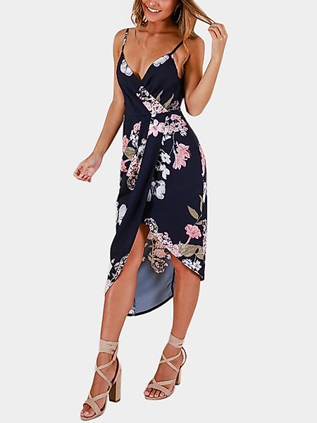 Navy Crossed Front Design Blumendruck Wrap Kleid Mit asymmetrischem Saum günstig online kaufen