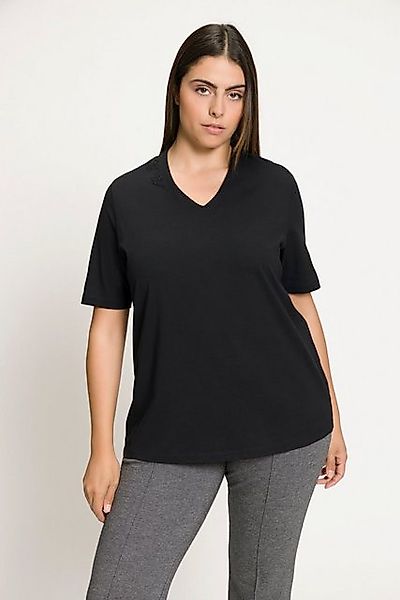 Ulla Popken Rundhalsshirt T-Shirt Ziersteine Kelchkragen V-Ausschnitt günstig online kaufen