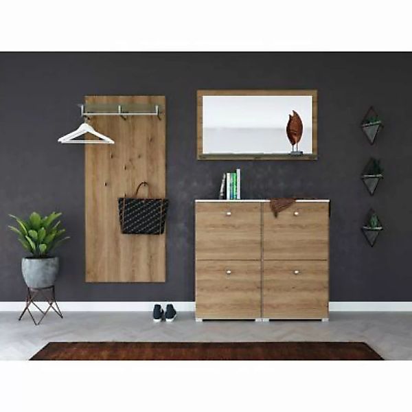 Lomadox Modernes Garderoben Set weiß/Eiche Nachb. CORIA-02 4-teilig Schuhsc günstig online kaufen