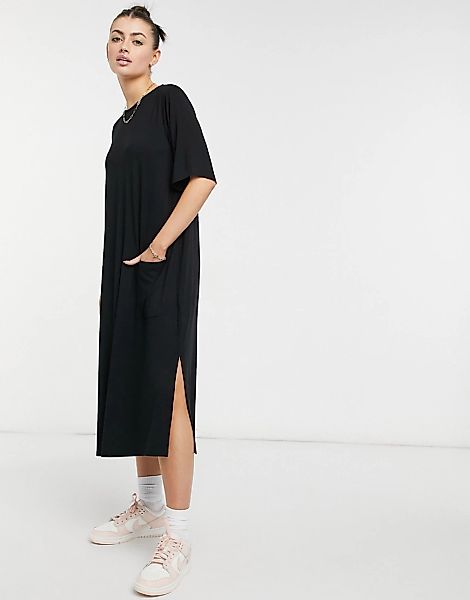 Aligne – Midi-T-Shirt-Kleid aus Bio-Baumwolle in Schwarz mit Taschendetail günstig online kaufen