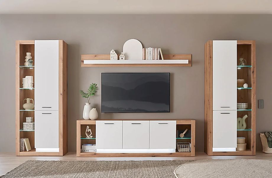 Home affaire Wohnwand "Brixen, moderne Anbauwand, Wohnzimmer-Set, Eiche Evo günstig online kaufen