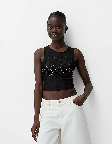 Bershka Ärmelloses Shirt Aus Tüll Mit Strass Damen M Schwarz günstig online kaufen