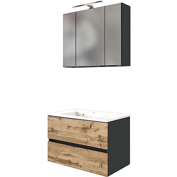 Held Möbel 2-tlg. Waschtisch-Set Bari 80 cm Wotaneiche-Graphitgrau günstig online kaufen