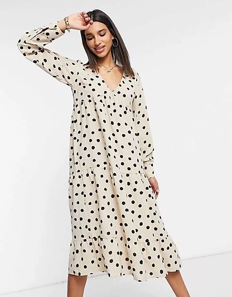 Pretty Lavish – Langärmliges Midaxi-Hemdkleid in Creme mit Punkten-Weiß günstig online kaufen