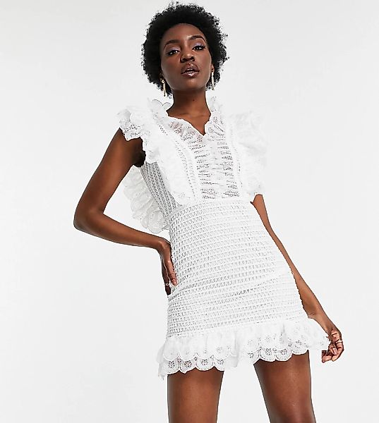 Parisian Tall – Kurzes Bodycon-Kleid mit Rüschen auf der Vorderseite in Wei günstig online kaufen