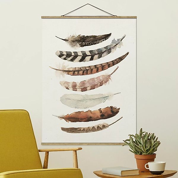 Stoffbild Aquarell mit Posterleisten - Hochformat Sieben Federn günstig online kaufen