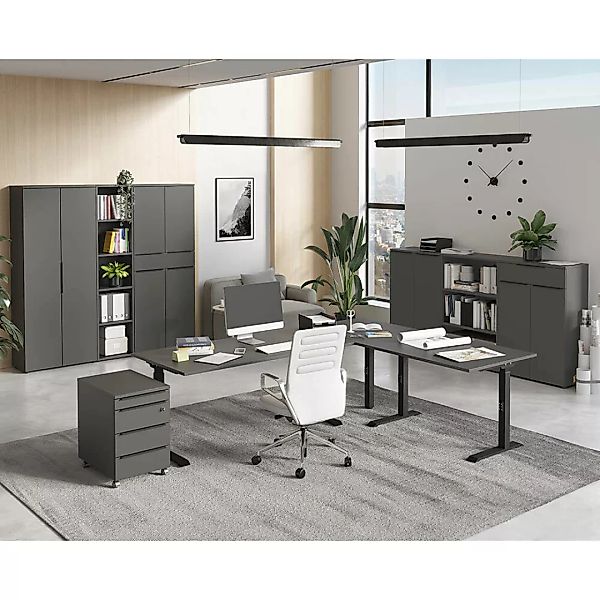 Büromöbel Set 8-teilig MEMPHIS-01 mit Winkelschreibtisch 260x220 cm in grap günstig online kaufen