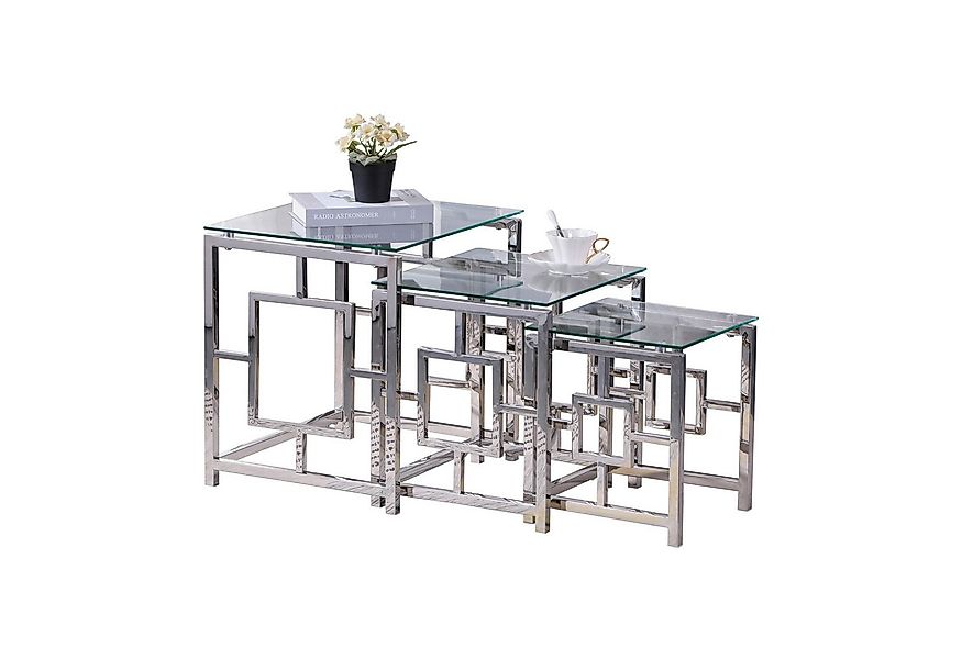JYMTOM Couchtisch 3er Set aus Edelstahlgestell und Hartglas für Wohnzimmer günstig online kaufen