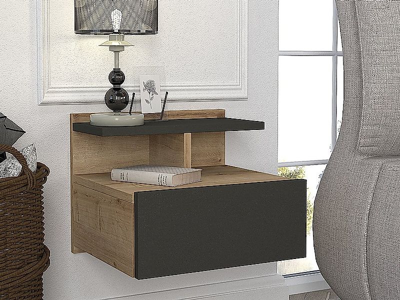 Nachttisch hängend - 1 Schublade - Holzfarben & Anthrazit - AZELNO günstig online kaufen