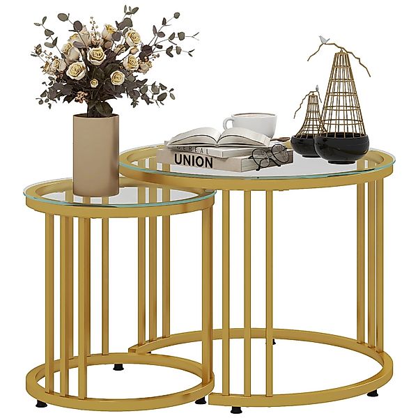 HOMCOM Couchtisch runde Couchtische Set von 2 mit gehärtetem Glas und Stahl günstig online kaufen
