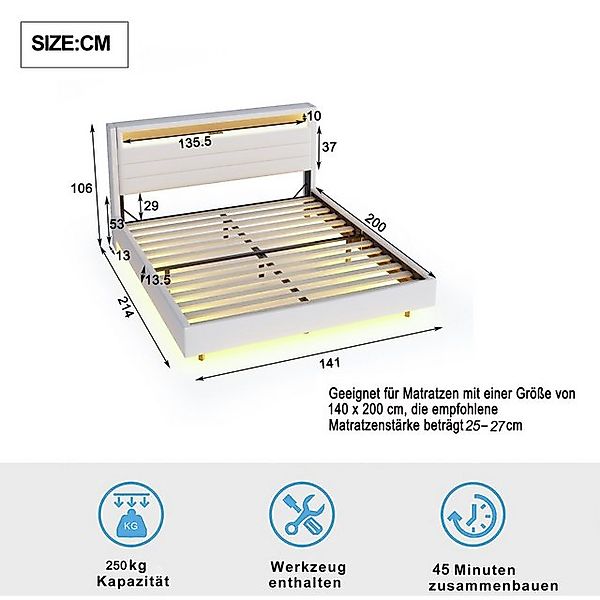 STILVORA Polsterbett Doppelbett 140x200cm Jugendbett Bettgestell mit USB-St günstig online kaufen