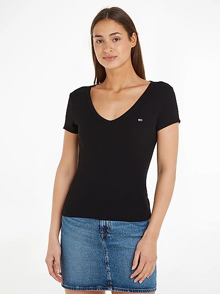 Tommy Jeans Kurzarmshirt "TJW SLIM ESSENTIAL RIB V SHORT SLEEVE" mit geripp günstig online kaufen