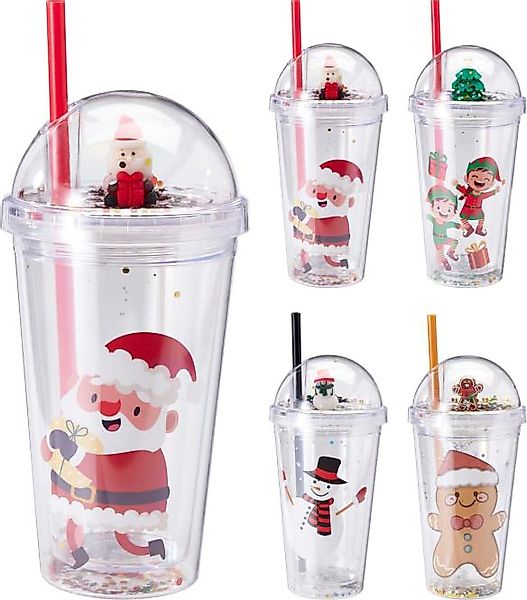 TRINKBECHER 1 Stück Weihnachten mit Deckel und Strohhalm 4 Sorten unsortier günstig online kaufen