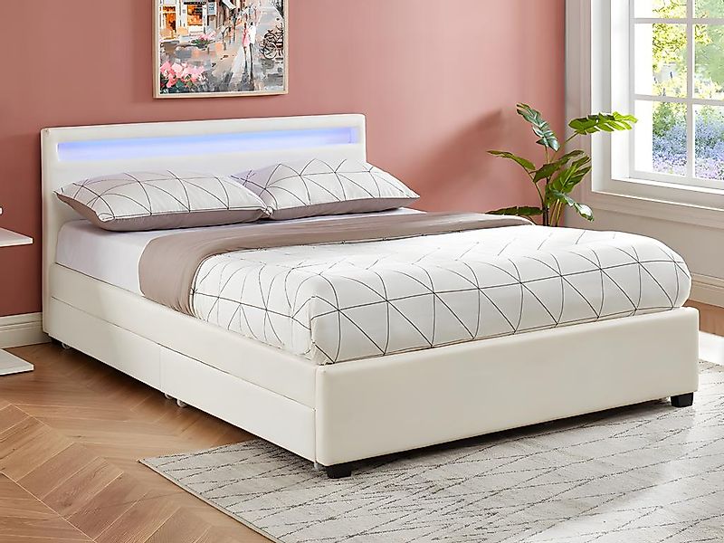 Bett mit Stauraum & LED-Beleuchtung - Kunstleder - 160 x 200 cm - Weiß + Ma günstig online kaufen