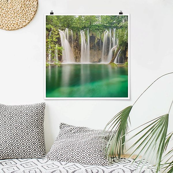 Poster Natur & Landschaft - Quadrat Wasserfall Plitvicer Seen günstig online kaufen