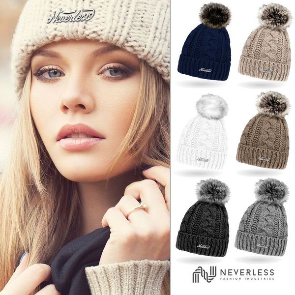 Neverless Bommelmütze Damen Strick-Mütze gefüttert Fell-Bommel günstig online kaufen