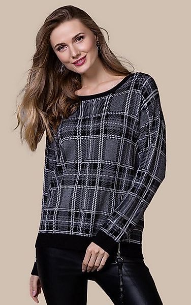 Passioni Strickpullover Pullover mit weitem Rundhalsausschnitt und Karomust günstig online kaufen