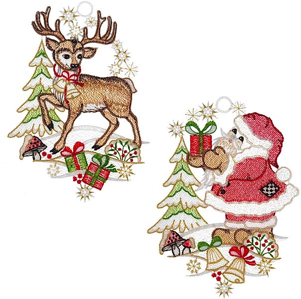 W. Reuter & Sohn - Plauener Spitze Fensterbild "Weihnachtsmann und Hirsch", günstig online kaufen