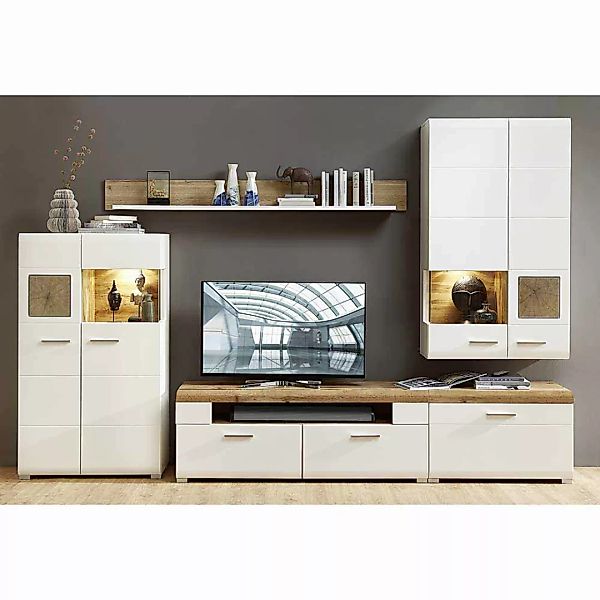 Wohnzimmer Wohnwand in Weiß Eiche Holz Dekor LED Beleuchtung (fünfteilig) günstig online kaufen