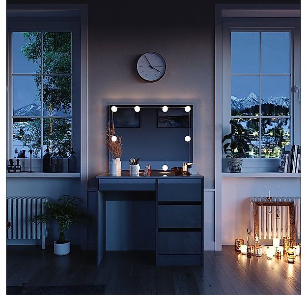 Vicco Schminktisch Sherry, Grau Hochglanz, 90 cm mit LED Beleuchtung und Ho günstig online kaufen