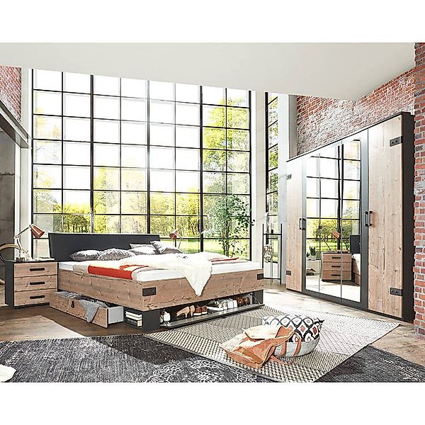 Schlafzimmer Set mit Spiegeltürenschrank Industrial Design graphit mit Fich günstig online kaufen