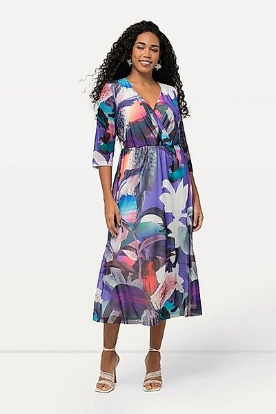 Ulla Popken Abendkleid Meshkleid Blüten Wickeloptik V-Ausschnitt 3/4-Arm günstig online kaufen