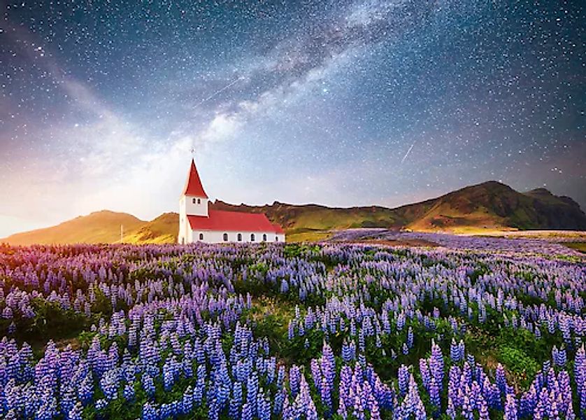 Papermoon Fototapete »BLUMEN-WIESE-FELD ISLAND KIRCHE STERNE HIMMEL BERGE« günstig online kaufen