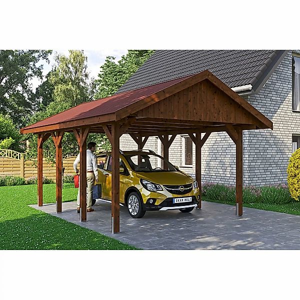 Satteldach-Carport Wallgau Nussbaum 430 x 600 cm rote Schindeln günstig online kaufen