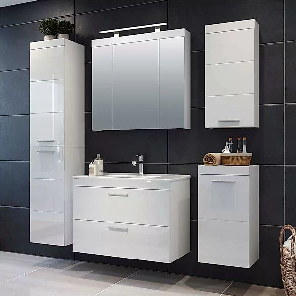 Badmöbel inklusive Waschbecken in Weiß Wandmontage (fünfteilig) günstig online kaufen