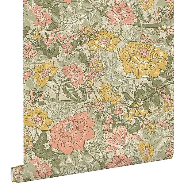 ESTAhome Tapete Blumenmuster Graugrün Rosa und Ockergelb 50 x 900 cm günstig online kaufen
