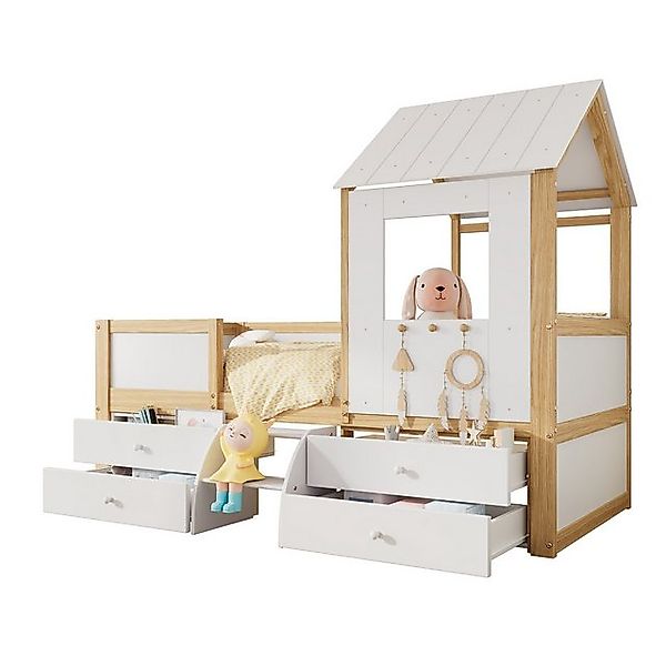 Gotagee Kinderbett Halbhohes Bett 90x200cm Hausbett 4 Schubladen Kiefer Wei günstig online kaufen