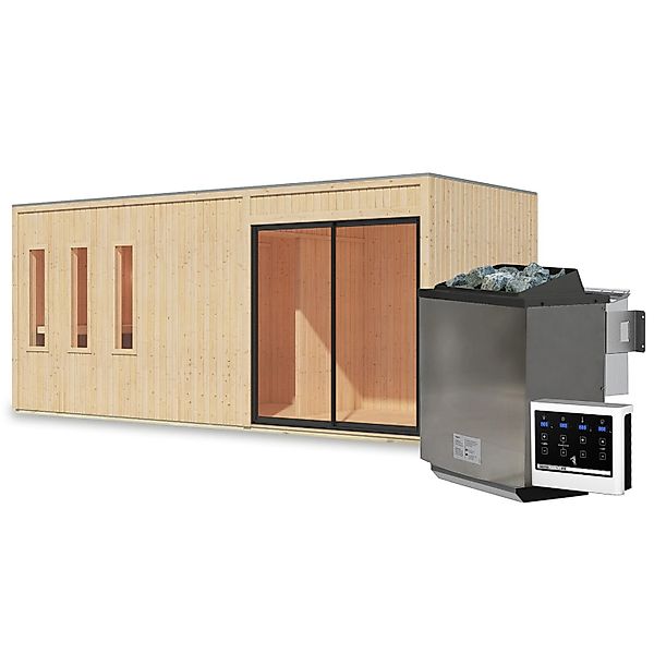 Karibu Saunahaus Huelva mit Ofen 9 kW Bio Extern Naturbelassen günstig online kaufen