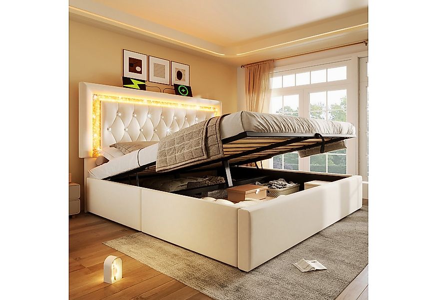 Flieks Polsterbett, Hydraulisches Stauraumbett 180x200cm mit LED-Diamantban günstig online kaufen