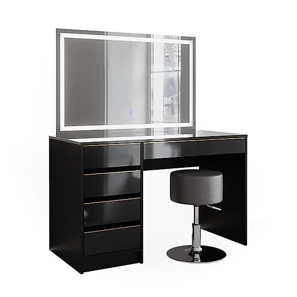 Vicco Schminktisch Sherry, Schwarz, 120 cm mit LED-Spiegel und Hocker günstig online kaufen