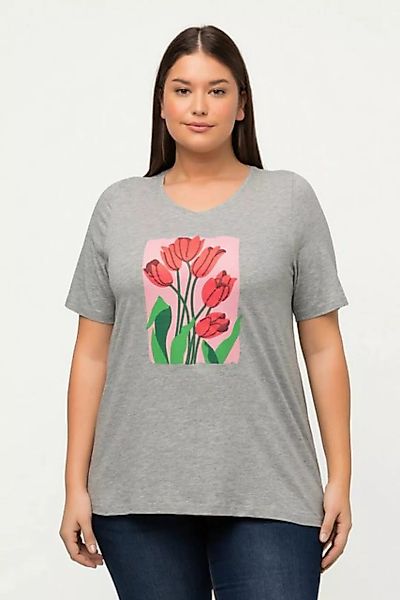 Ulla Popken Rundhalsshirt T-Shirt 3D-Blüten A-Linie V-Ausschnitt Halbarm günstig online kaufen