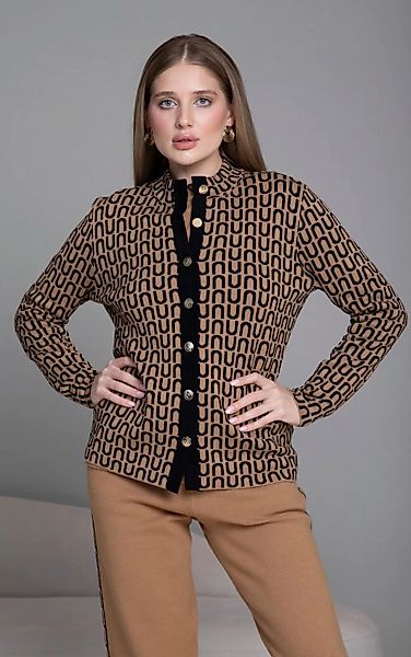 Passioni Strickjacke mit geometrischem Muster in Kamel und Schwarz und gold günstig online kaufen