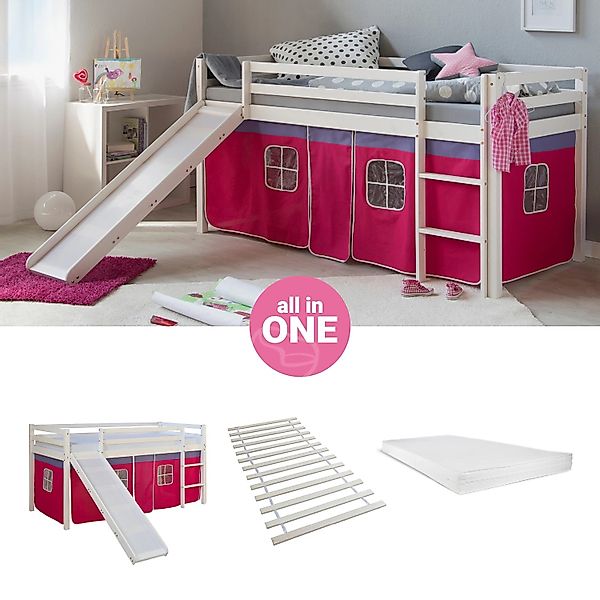 Homestyle4u Hochbett 90x200 mit Vorhang Lattenrost Matratze Rutsche in Weiß günstig online kaufen