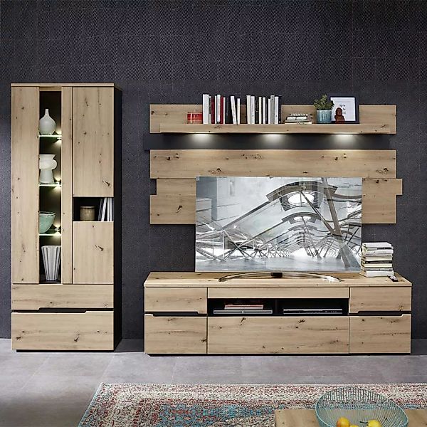 Wohnzimmer Anbauwand Holzoptik in Wildeichefarben Dunkelgrau (dreiteilig) günstig online kaufen
