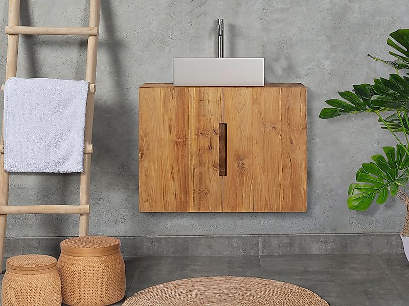 Waschbeckenunterschrank hängend mit Einzelwaschbecken - Teakholz - 80 x 55 günstig online kaufen