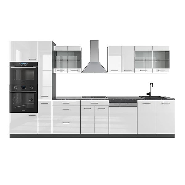 Vicco R-Line Küche Weiß Hochglanz/Anthrazit 350 cm mit Hochschrankohne Arbe günstig online kaufen